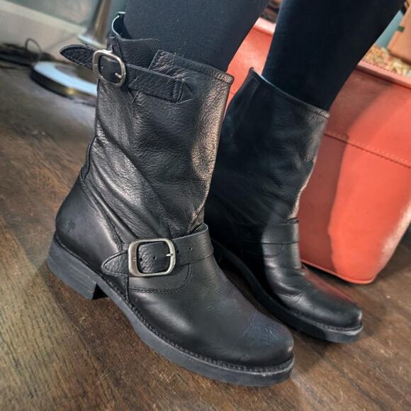 Frye Black Leather Slouchy Buckle Boots - Picture 7 of 8